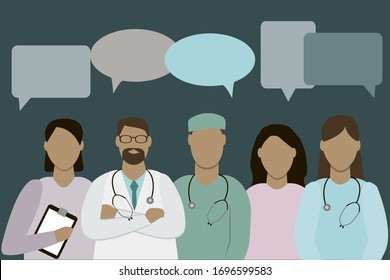 Doctors of different sexes are placed in a row with message icons on top.