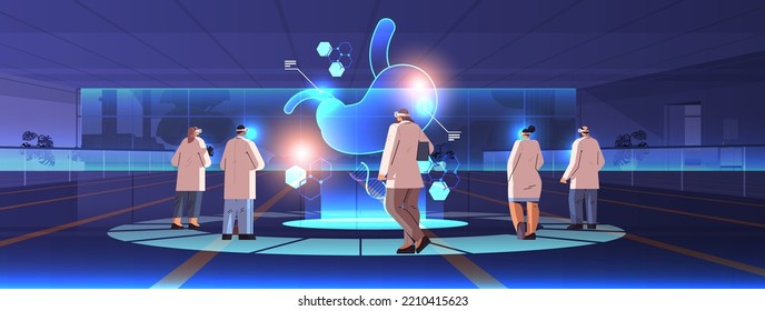 doctors in digital glasses looking at virtual detailed explanation anatomical stomach internal organ vr vision metaverse