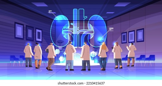 doctors in digital glasses looking at virtual detailed explanation anatomical kidneys internal organ vr vision metaverse