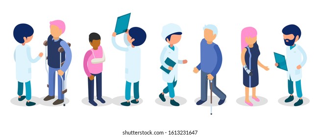 Doctors, disabled people. Disabilities persons isometric. Injury invalids defective men women kid, medical staff vector 3d people