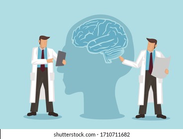 Doctors discuss about the brain head together. Psychology or mental health concept. Vector illustration