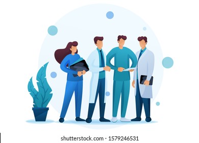 Doctors discuss the patient's condition, study the Medical record. Flat 2D character. Concept for web design.