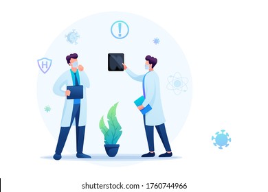 Los médicos discuten los resultados del estudio de CT. Mantiene una distancia social y lleva máscaras. Plano 2D. Ilustración vectorial para el diseño web.