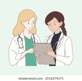 Os médicos discutem, diagnosticam o histórico médico do paciente, estudam o histórico médico através de um tablet. Desenhado à mão ilustração de vetor de personagem plano de desenho animado.