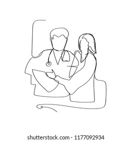 doctors discussing diagnosis in continuous line drawing style, thin linear vector illustration