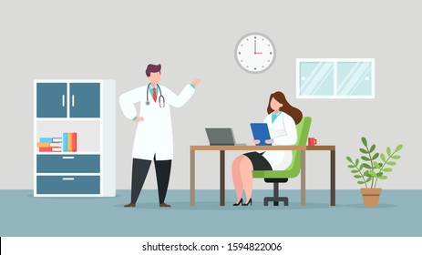 Doctors discussing in hospital room, vector flat illustration