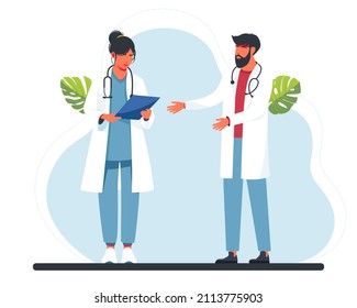 Doctors Discussing The Patient's Medical History. Doctor Talking To Nurse Colleagues Medical Workers. Physicians, General Practitioners, Nurses People Team. Flat Vector Illustration