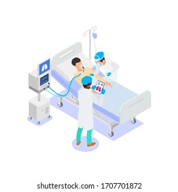 Doctors do artificial ventilation of the lungs to a sick patient. Vector isometric illustration on a white background.