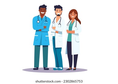 Doctors. Doctor vector illustration. Postcard in flat design. Three positive doctors