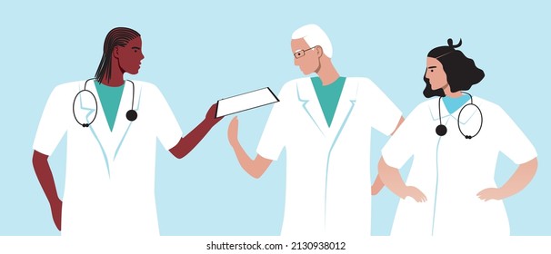 Médicos durante el tratamiento. Ilustración de material vectorial plano. Trabajo de personas con abrigos blancos. Situación médica. Proceso de tratamiento. Diferentes grupos étnicos, género, edad
