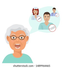 Doctors for eldery patients or senior people cartoon vector illustration. Eldery people in need of consultation with doctor, pensioners health care concept.