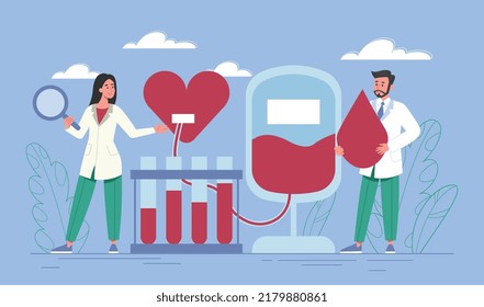 Doctors Engaged In Blood Transfusion. Physician And Nurse Prepare Bags And Flasks With Plasma For Further Use. Voluntary Donation And Charity In Healthcare, Medicine. Cartoon Flat Vector Illustration