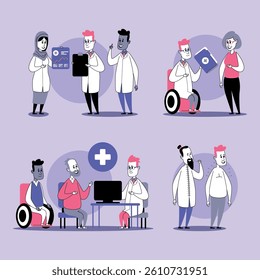 Doctors engaging with patients in diverse medical environments. Activities including discussing health records, providing assistance, and conducting consultations