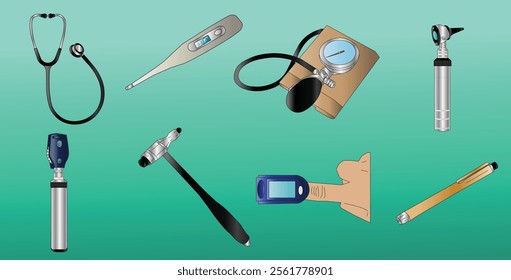 the doctor's equipment to perform general diagnosis: stethoscope, thermometer, sphygmomanometer, otoscope, ophthalmoscope, reflex hammer, pulse oximeter, penlight.