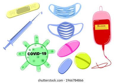 Doctor's equipment such as bandages, capsules, medicine, infusion bottles, injections, masks, and pictures of the corona virus.  Vector style flat design.  Vector in white set and isolated shape
