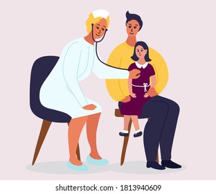 doctor's examination before vaccination or during illness. Blonde female pediatrician listens to a girl's lungs with a stethoscope. Kid is sitting on fathers hands. Cartoon vector illustration
