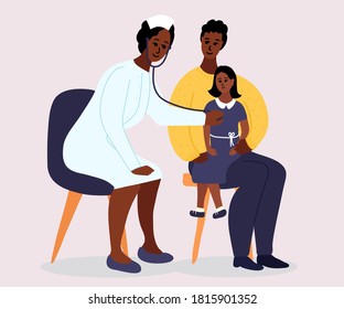 doctor's examination before vaccination or school. African female pediatrician listens to a girl's lungs with a stethoscope. Kid is sitting on fathers hands. Cartoon vector illustration