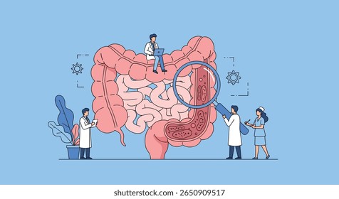 Os médicos examinam a saúde do trato intestinal humano com lupa para diagnóstico e tratamento de doenças do sistema digestivo