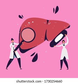 Doctors Examine liver for Disease vector illustration. Examination by a gastroenterologist
drawing. Liver cancer prevention
hand drawn concept.