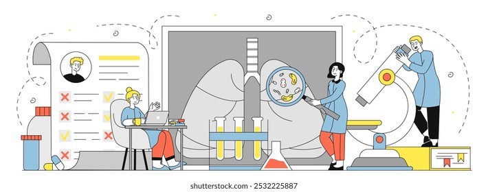 Doctors examine lungs. Man with microscope and woman with magnifying glass study respiratory system. Tests and experiments in laboratory. Linear vector illustration isolated on white background