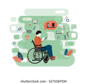 Los médicos examinan a un paciente utilizando una aplicación médica en un smartphone, una consulta médica en línea y un concepto tecnológico. Ilustración plana vectorial, persona discapacitada, médico, íconos médicos. 