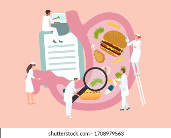 Doctors examine unhealthy food in stomach, medical concept with tiny people, vector illustration. Internal organ diagnostics, digestive system disorder. Healthcare team cartoon characters researchers