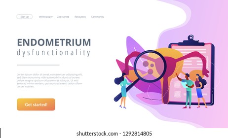 Doctors examine uterus with magnifier to treat endometriosis. Endometriosis, endometrium dysfunctionality, endometriosis treatment concept. Website vibrant violet landing web page template.
