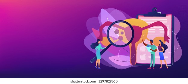 Doctors examine uterus with magnifier to treat endometriosis. Endometriosis, endometrium dysfunctionality, endometriosis treatment concept. Header or footer banner template with copy space.