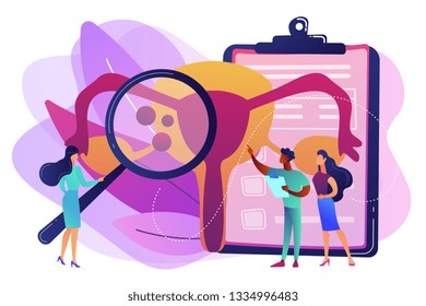 Doctors examine uterus with magnifier to treat endometriosis. Endometriosis, endometrium dysfunctionality, endometriosis treatment concept. Bright vibrant violet vector isolated illustration