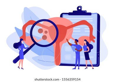 Doctors examine uterus with magnifier to treat endometriosis. Endometriosis, endometrium dysfunctionality, endometriosis treatment concept. Pinkish coral bluevector vector isolated illustration