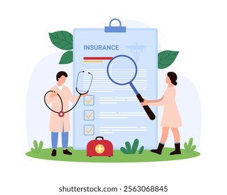 Doctors examining a health insurance document with a magnifying glass and stethoscope, ensuring accurate coverage and patient information in a clinical setting, vector illustration.