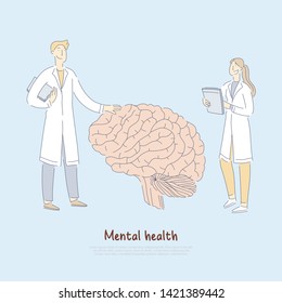 Doctors examining huge human brain, psychiatry, professional assistance, neurobiology, psychology banner