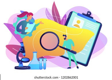 Doctors examining huge liver with magnifier and microscope. Cirrhosis, cirrhosis of the liver and liver disease concept on white background. Bright vibrant violet vector isolated illustration