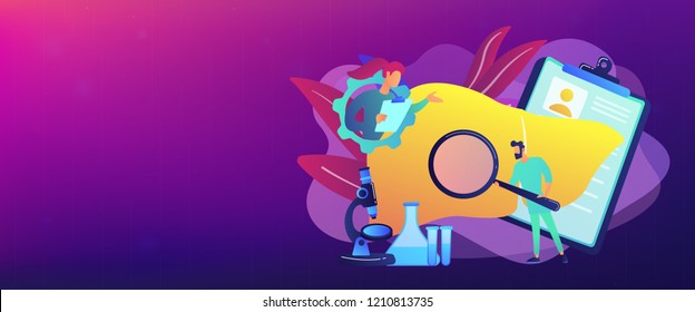 Doctors examining huge liver with magnifier and microscope. Cirrhosis, cirrhosis of the liver and liver disease concept on white background. Header or footer banner template with copy space.