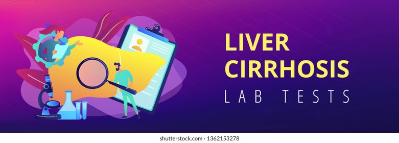Doctors examining huge liver with magnifier and microscope. Cirrhosis, cirrhosis of the liver and liver disease concept on white background. Header or footer banner template with copy space.