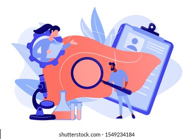 Doctors examining huge liver with magnifier and microscope. Cirrhosis, cirrhosis of the liver and liver disease concept on white background. Pinkish coral bluevector isolated illustration