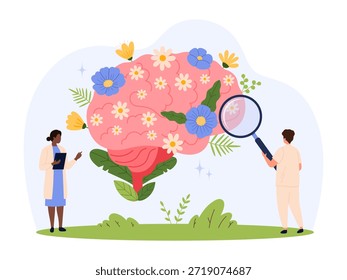 Los médicos examinan un cerebro humano lleno de flores que simbolizan la salud mental, el crecimiento emocional y el cuidado psicológico en una Ilustración vectorial aislada de estilo plano