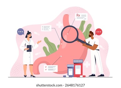 Médicos examinando o estômago humano com lupa, frascos de pílulas e formulários de prescrição ao redor, estilo de desenho animado plano em fundo médico abstrato. Ilustração vetorial