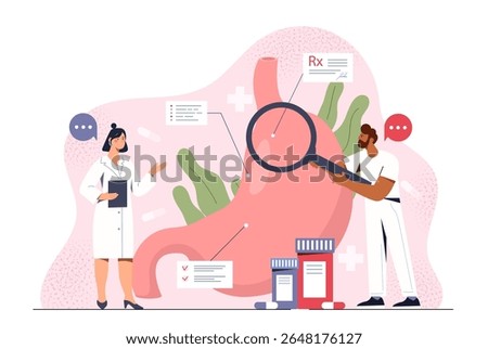 Doctors examining human stomach with magnifying glass, pill bottles and prescription forms around, flat cartoon style on abstract medical background. Vector illustration