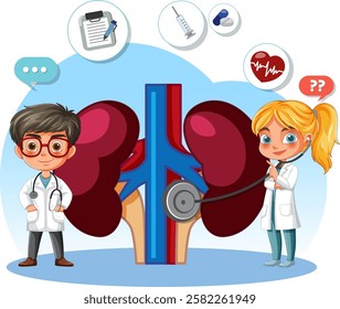 Doctors examining kidneys with medical tools and symbols