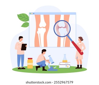 Doctors examining knee joint arthritis using X-ray, magnifying glass, and laboratory equipment, focusing on diagnosis and treatment in a clinical environment vector illustration.