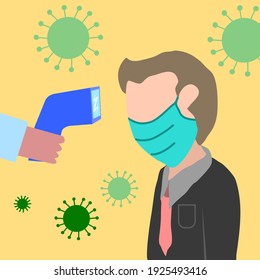 Doctors are examining a man's fever to prevent the spread of COVID-19, 