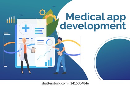 Doctors examining medical data vector illustration. Medical data, electronic record, healthcare. Medical app development. Creative design for presentations, templates, banners