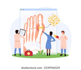 Doctors examining a patient s foot arthritis using an X-ray and medical tools, discussing inflammation and treatment in a clinical setting vector illustration.