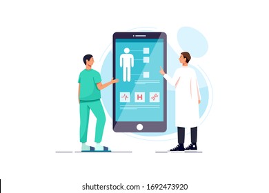 Doctors examining a patient using a medical app on a smartphone, online medical consultation and technology concept