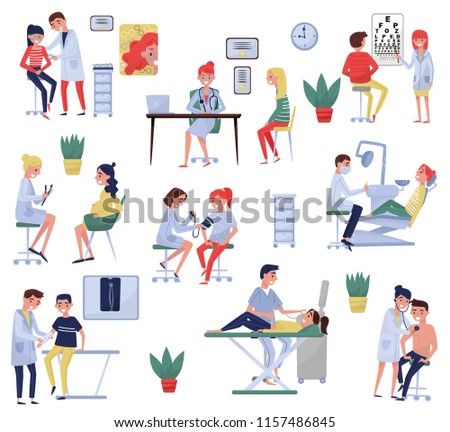 Doctors examining patients in the clinic set, oculist, therapist, gynecologist, taumatologist, dentist, ophthalmologist, medical treatment and healthcare concept vector Illustrations