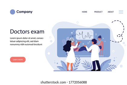 Doctors examining psychologist session. Medical workers standing at screen with man during consultation flat vector illustration. Psychotherapy concept for banner, website design or landing web page
