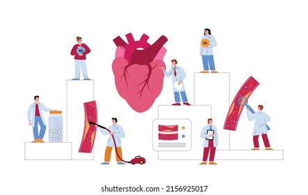 Doctors examining and treating clogged with cholesterol arteries, flat vector illustration on white background. Medical workers with pills and magnifier. Man cleaning artery with vacuum cleaner.