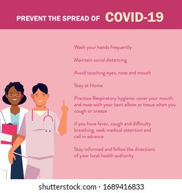 doctors explain Infographics how prevent the spread of covid 19 vector illustration design