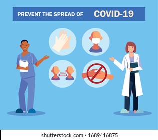 doctors explain Infographics how prevent the spread of covid 19 vector illustration design